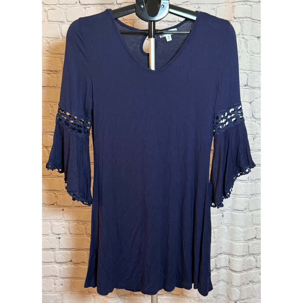 Roommates Navy Blue Crochet Lace Bell‎ Sleeve V-Neck Tunic Top Medium